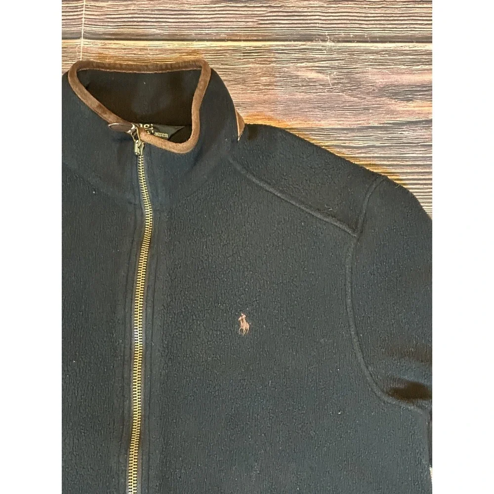 Vintage Polo Ralph Lauren Fleece Jacket Men's XL Black With Brown Leather Trim